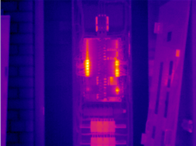 Thermal image of a switchboard showing hot spots